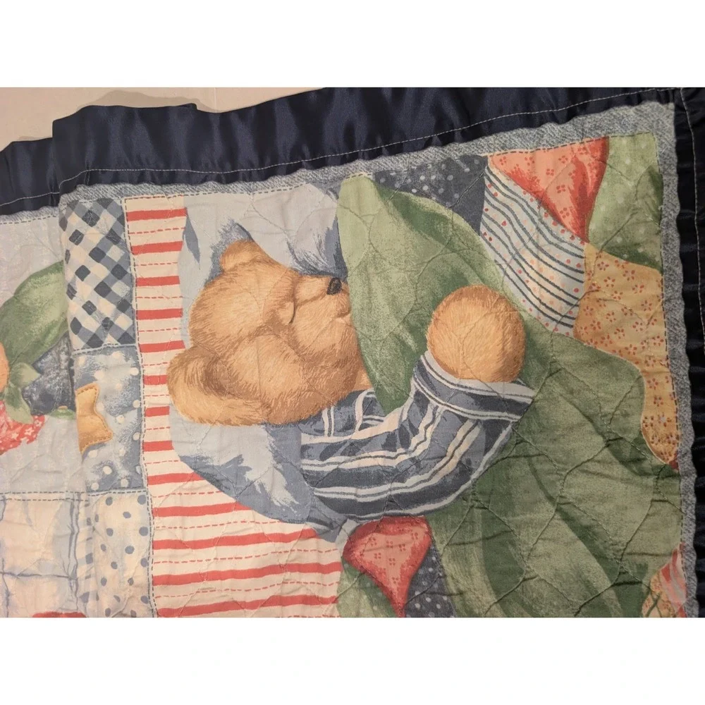 Vintage Blue Jean Teddy Bear Quilt Baby Crib Blanket 42x33 Nursery 90s